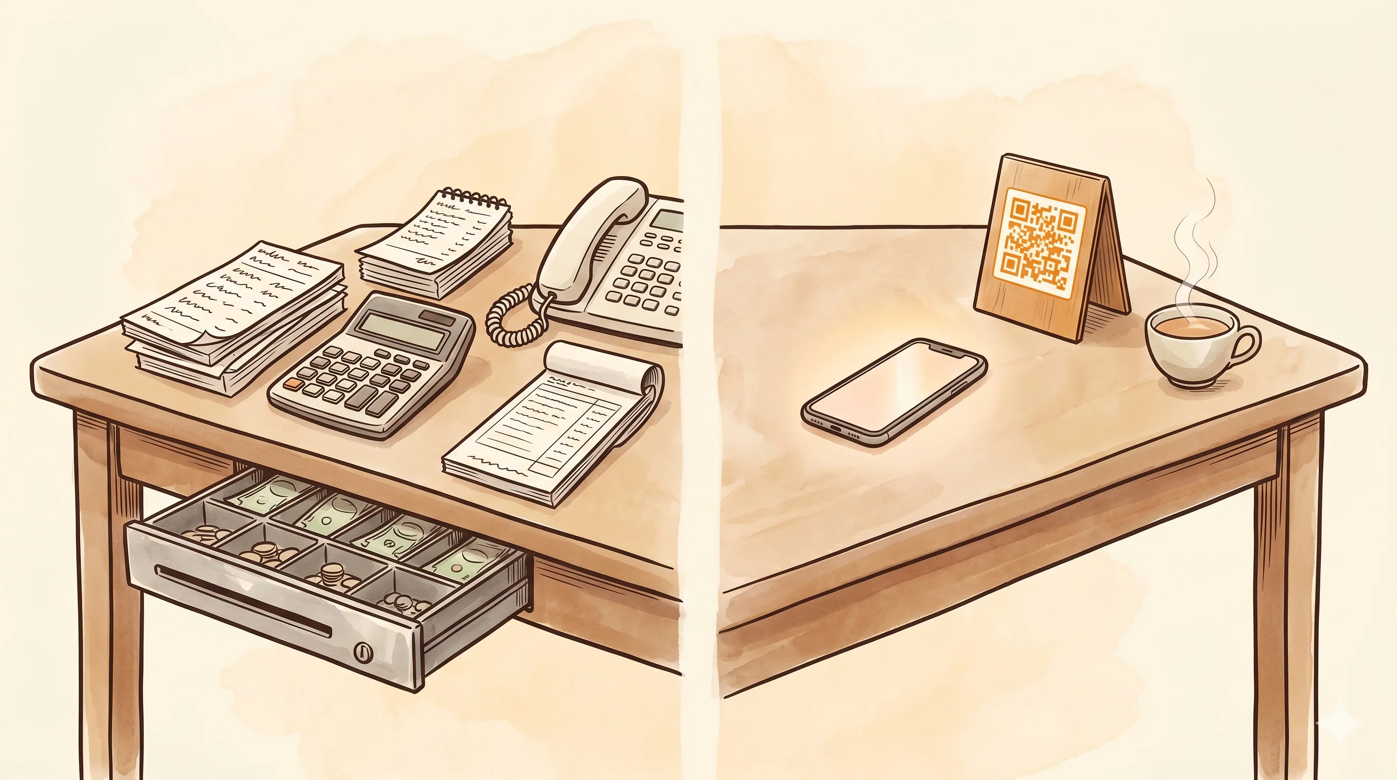 The same restaurant viewed two ways: a busy traditional setup with order pads and a calculator on the left, a clean modern setup with a QR card and phone on the right