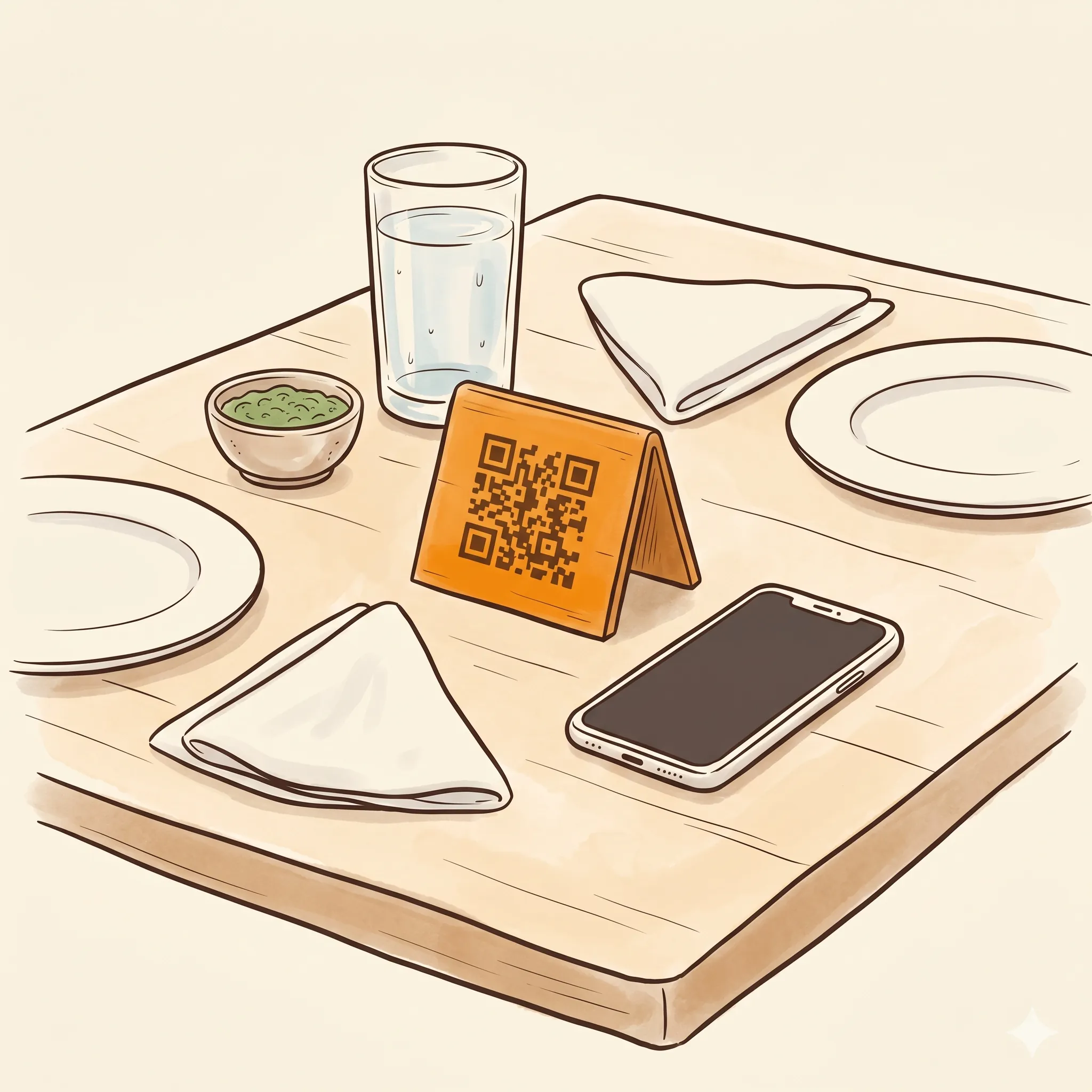 A restaurant table set with a printed QR card, water glass, mint chutney, napkin, and a phone resting nearby