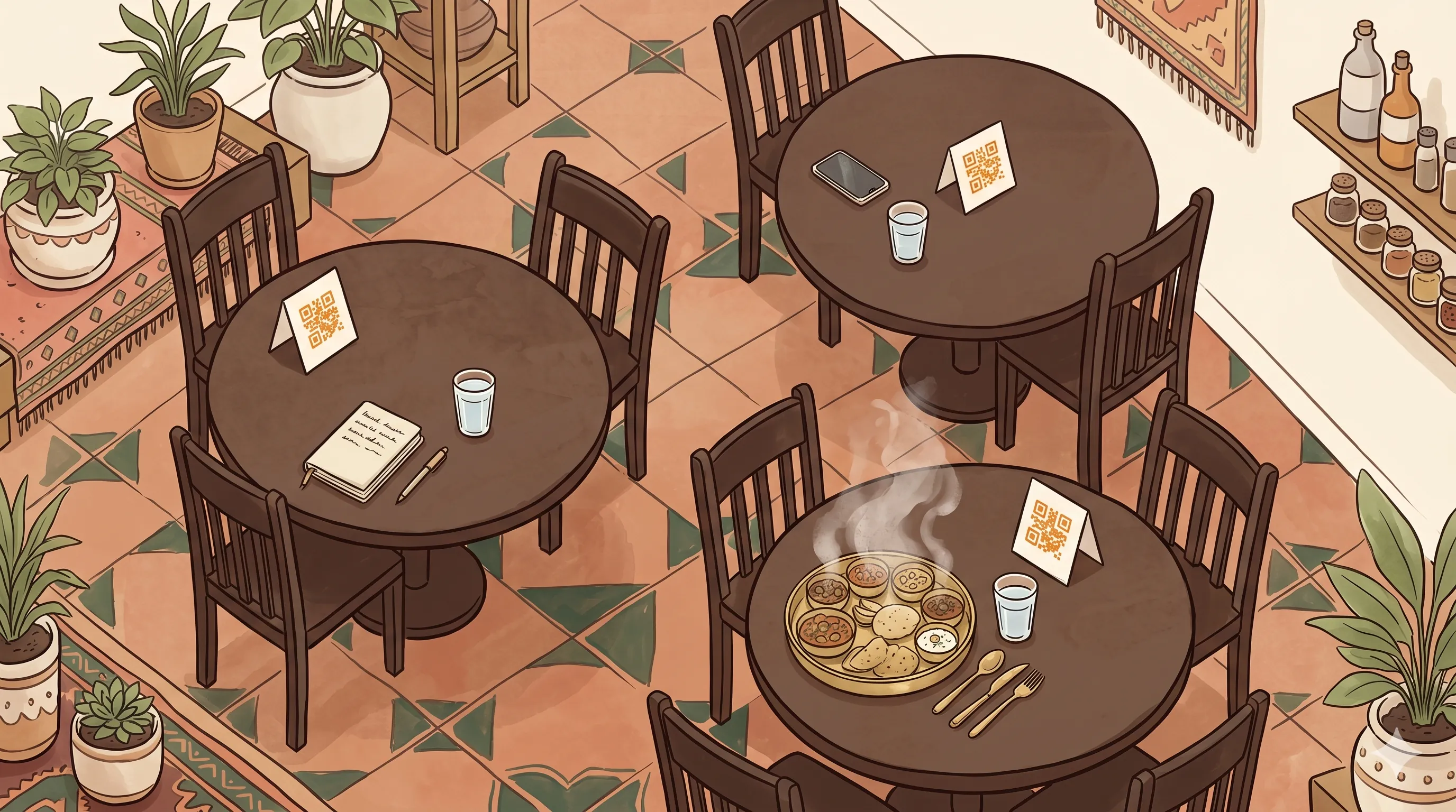 A bird's-eye view of a small Indian restaurant interior with QR cards on three round tables and a thali in service
