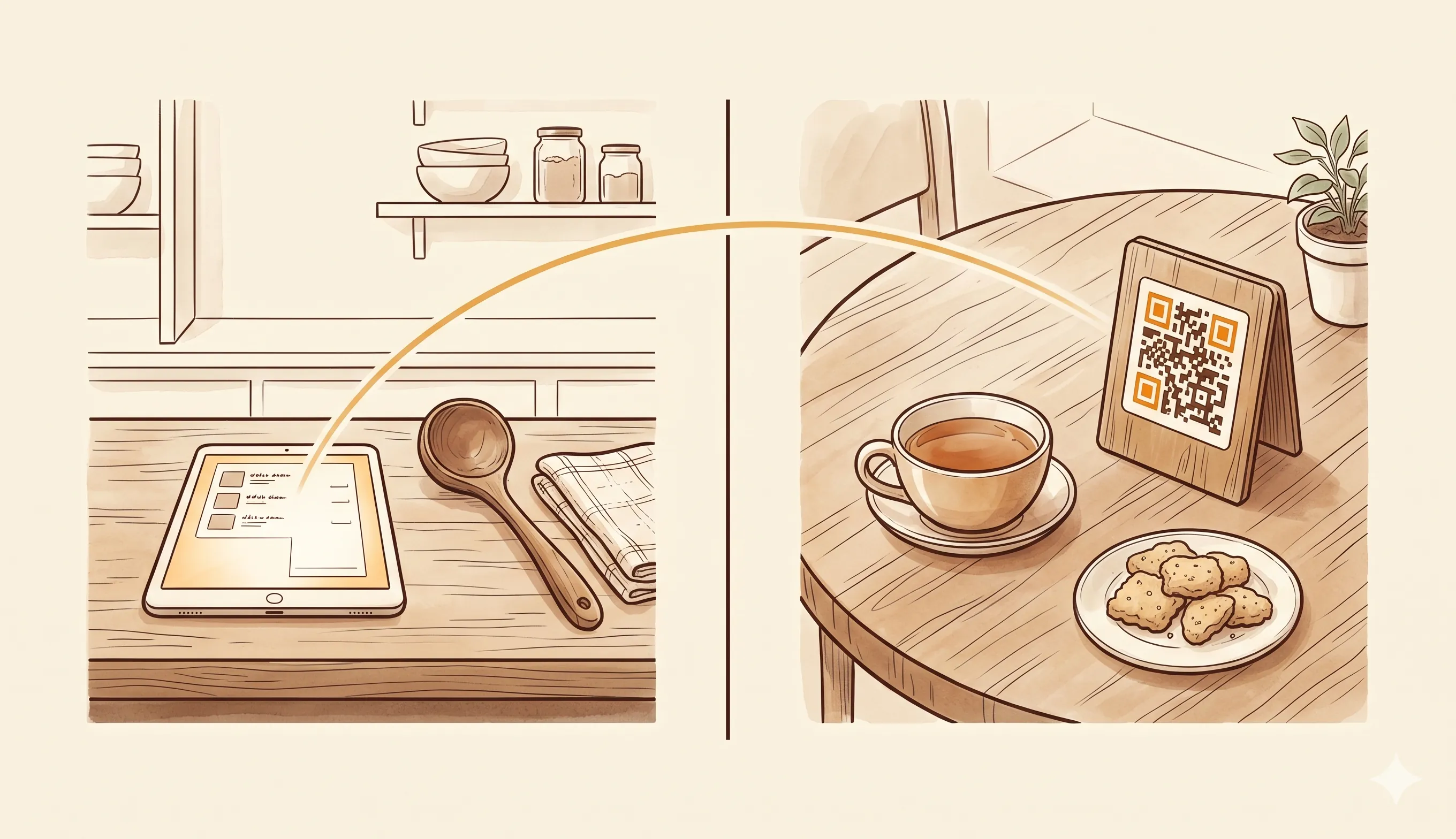 Split frame showing a kitchen tablet receiving an order from a customer's table with a printed QR card, connected by a soft arc